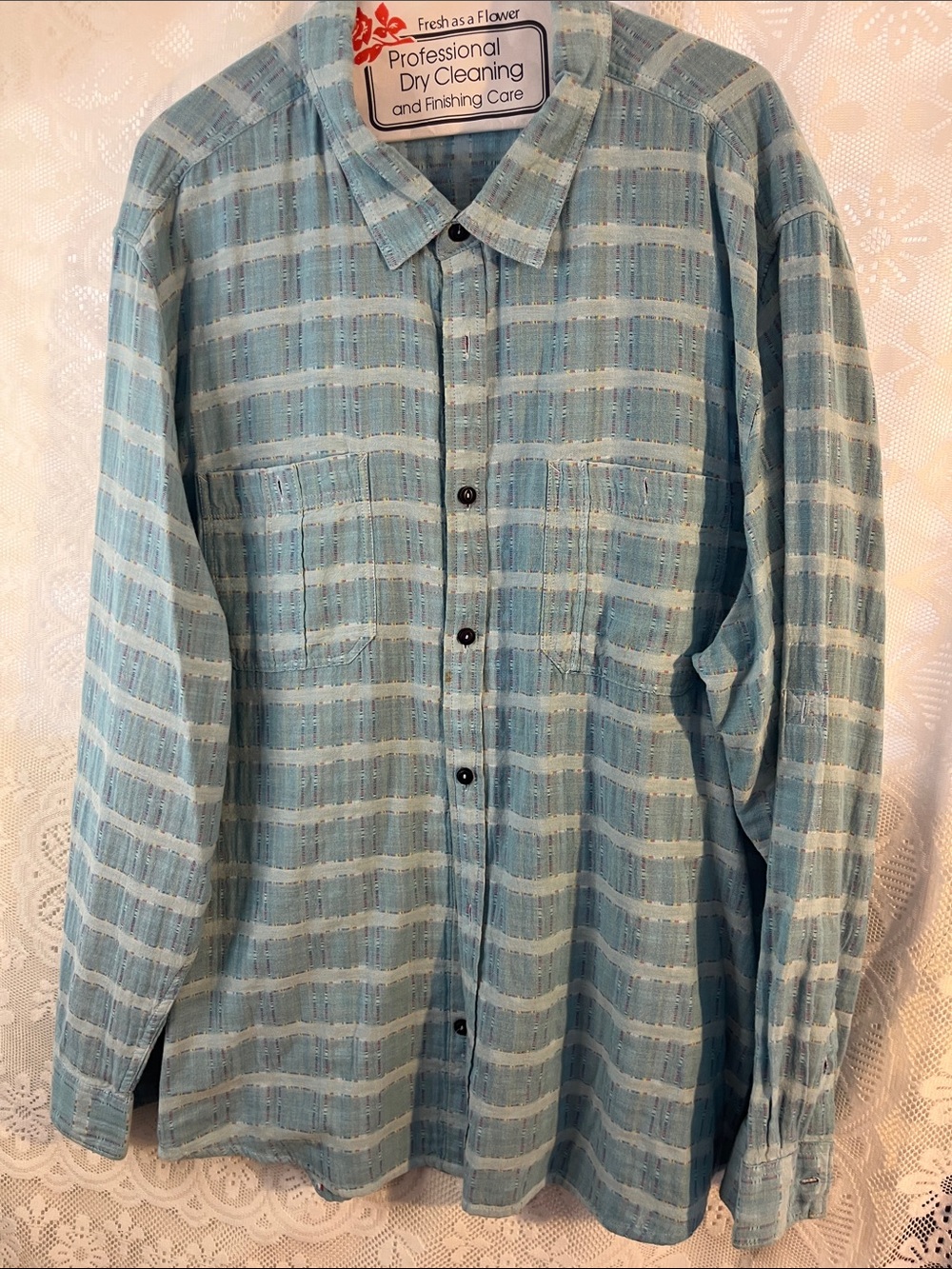 Carbon2Colbalt Light Blue madras like Button-Down Shirt - Casual Long Sleeve XXL